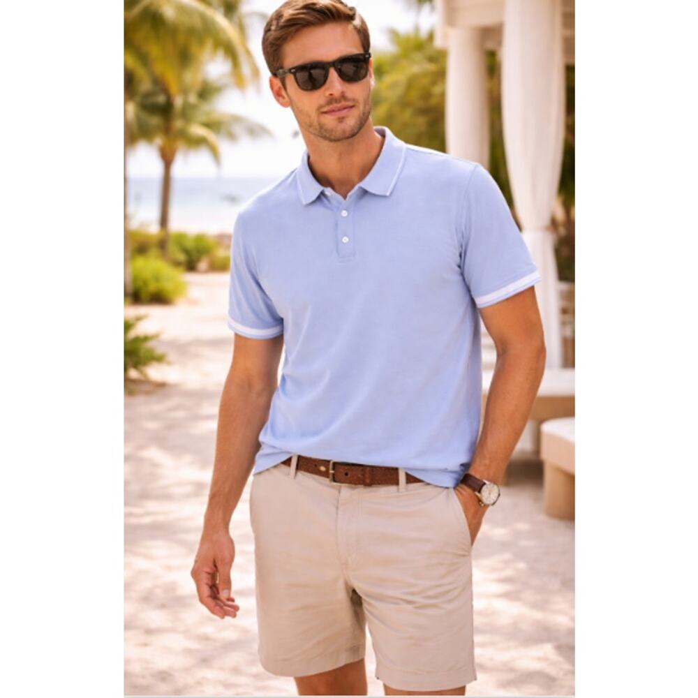 Theory Mens Light Blue Striped Collar Casual Pique Polo Shirt Slim Fit Sz XXL